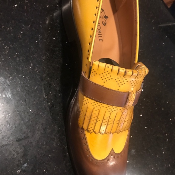 Mustard & brown wingtip slip on with fringe buckle main image 6